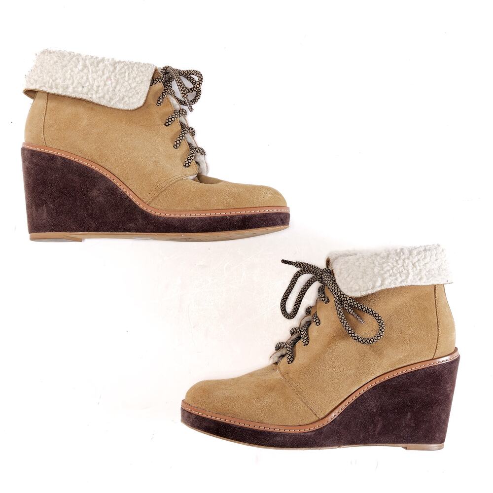 Caslon Gaby Wedge Ankle Boots Tan Size 9.5 Faux Shearling Cozy Lodge - Picture 3 of 8